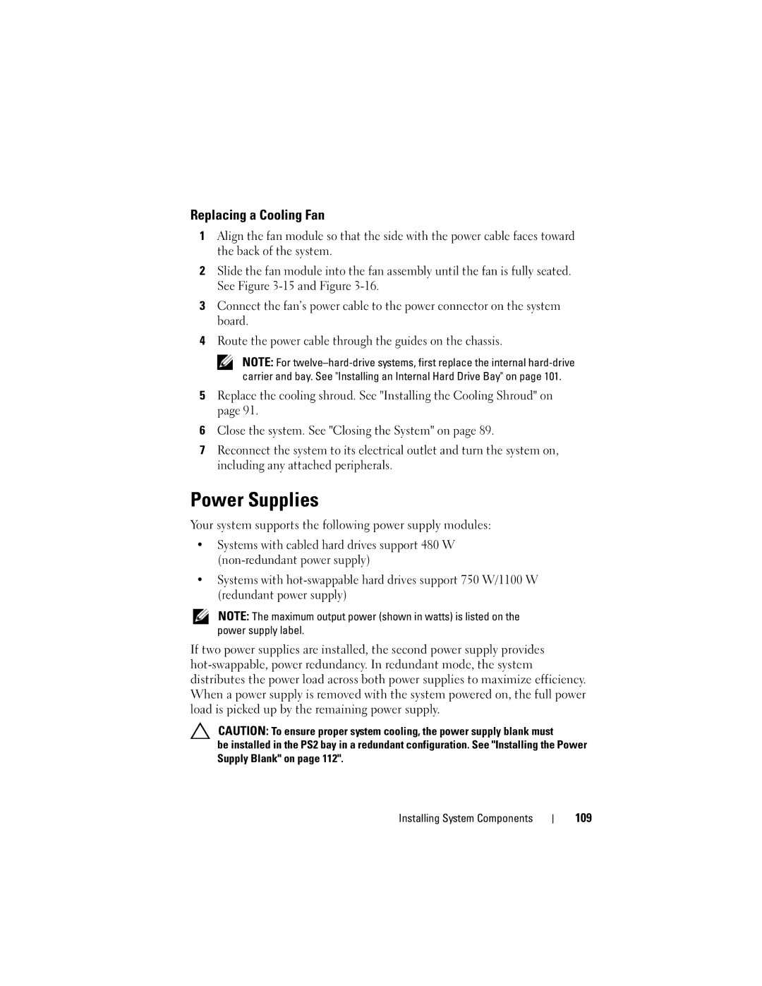 Dell R510 owner manual Power Supplies, Replacing a Cooling Fan, 109 