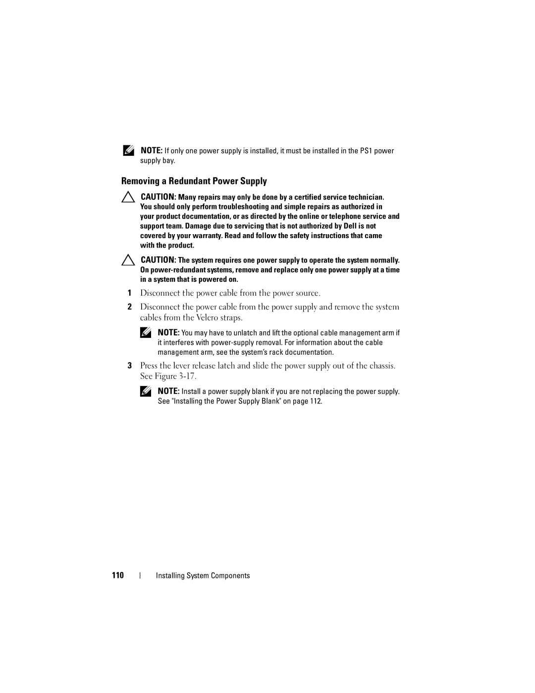 Dell R510 owner manual Removing a Redundant Power Supply 