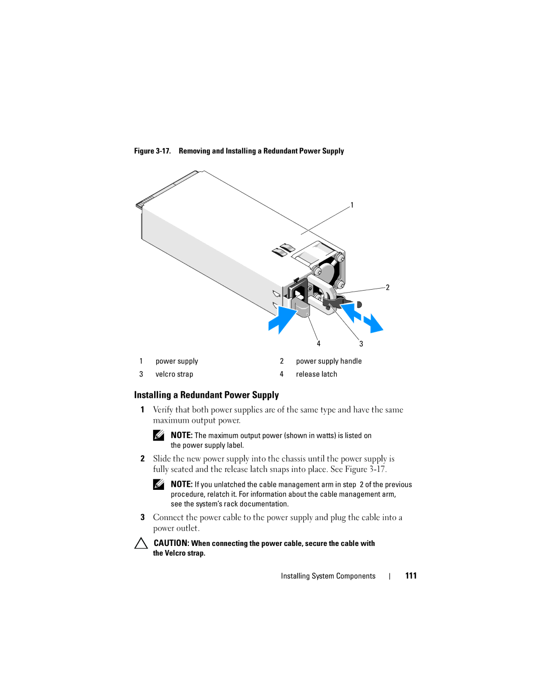 Dell R510 owner manual Installing a Redundant Power Supply, 111, Velcro strap Release latch 