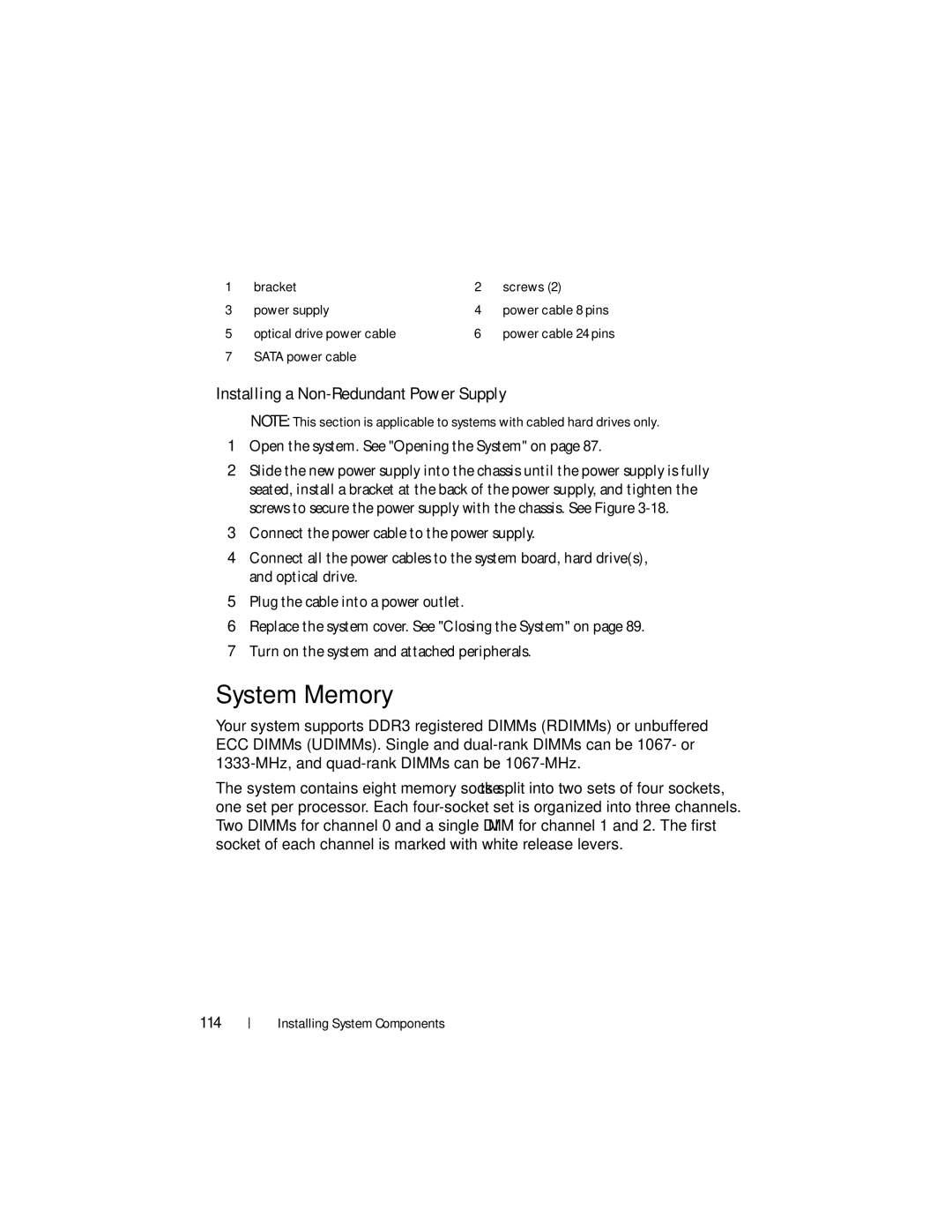 Dell R510 owner manual System Memory, Installing a Non-Redundant Power Supply, 114 