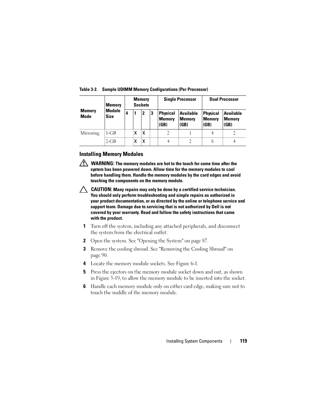 Dell R510 owner manual Installing Memory Modules, 119 