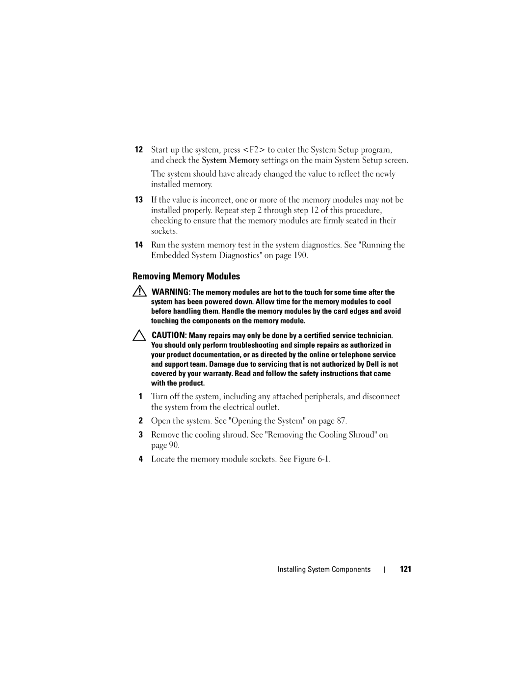 Dell R510 owner manual Removing Memory Modules, 121 