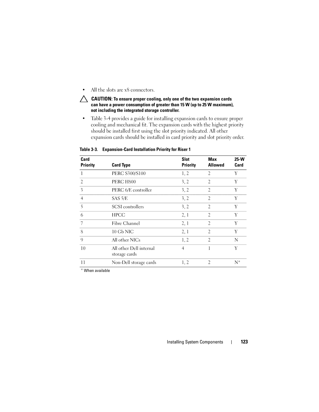 Dell R510 owner manual All the slots are x8 connectors, 123, Perc 6/E controller, Scsi controllers 