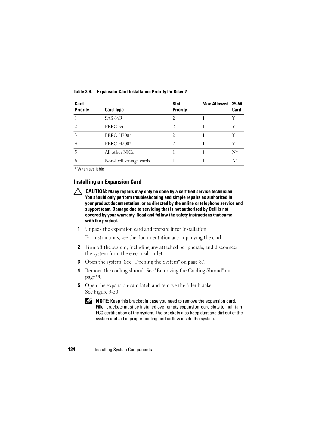 Dell R510 owner manual Installing an Expansion Card 