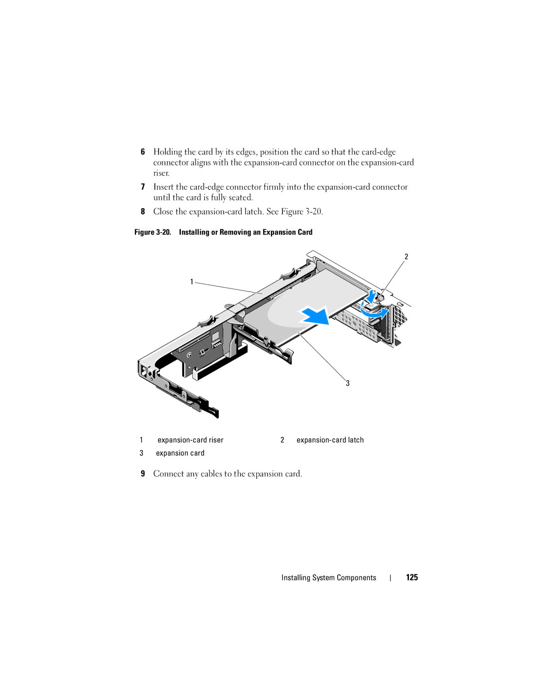 Dell R510 owner manual Connect any cables to the expansion card, 125, Expansion card 