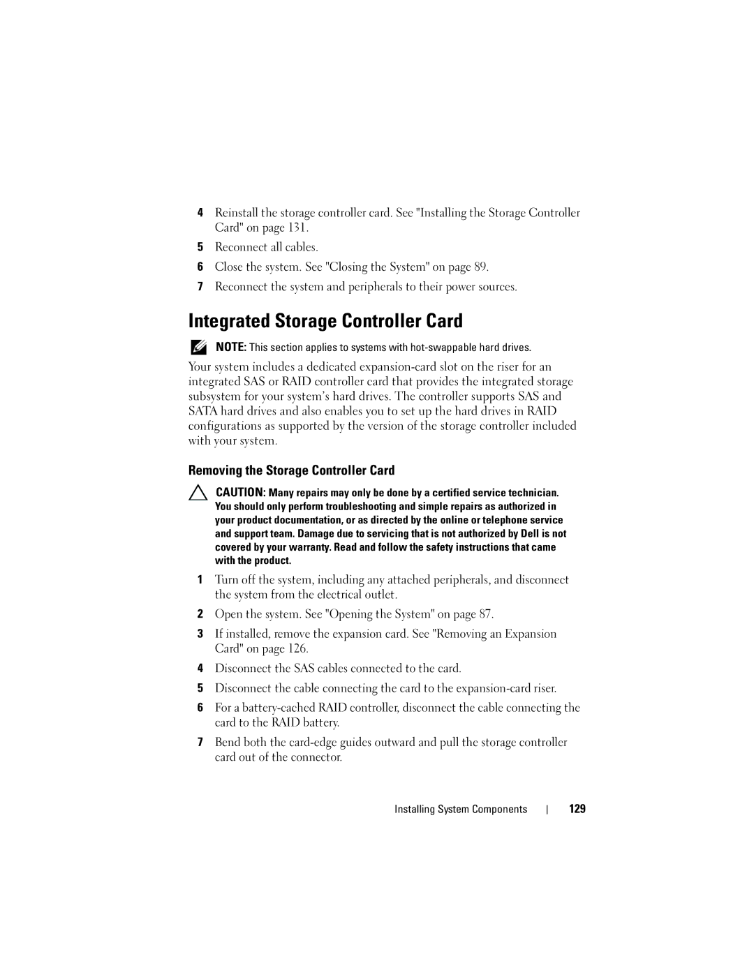 Dell R510 owner manual Integrated Storage Controller Card, Removing the Storage Controller Card, 129 