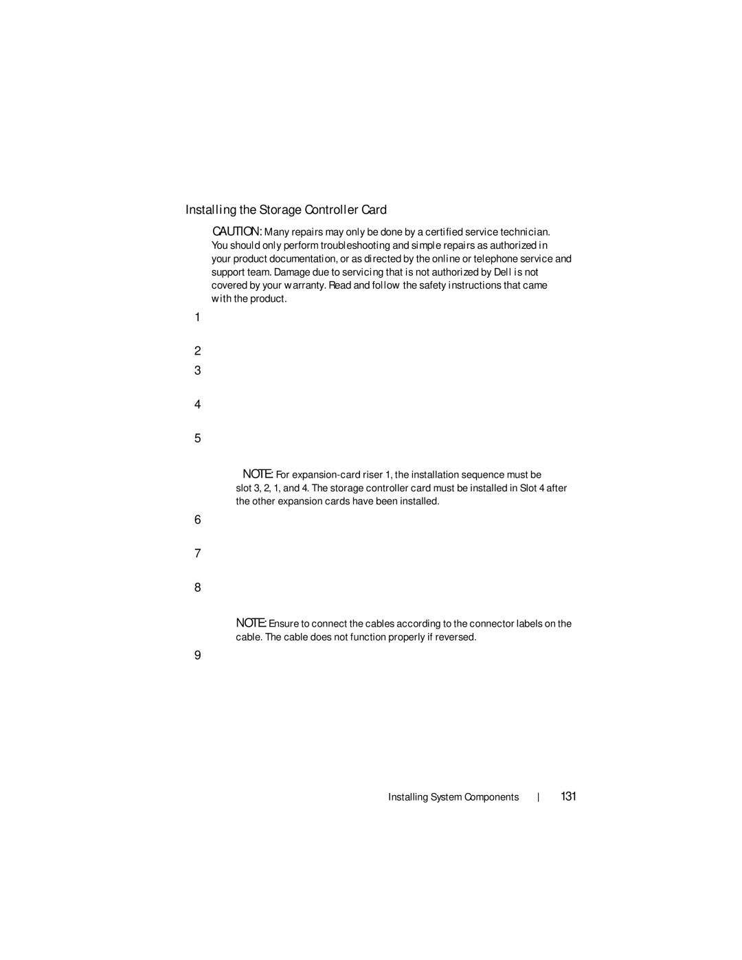 Dell R510 owner manual Installing the Storage Controller Card, 131 