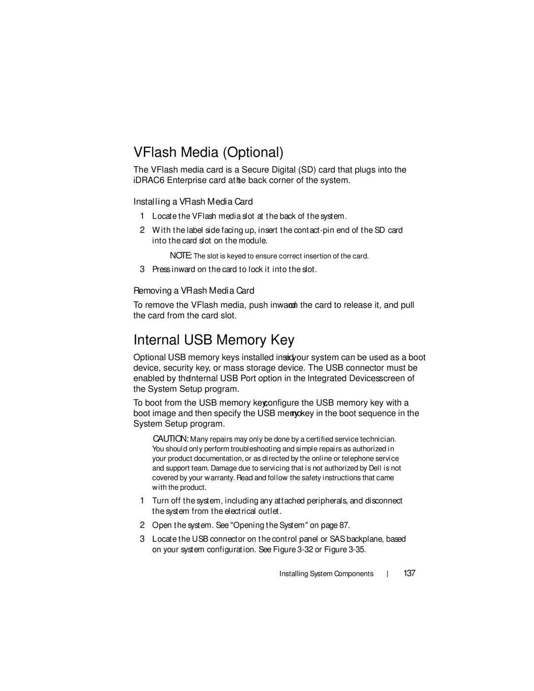 Dell R510 VFlash Media Optional, Internal USB Memory Key, Installing a VFlash Media Card, Removing a VFlash Media Card 