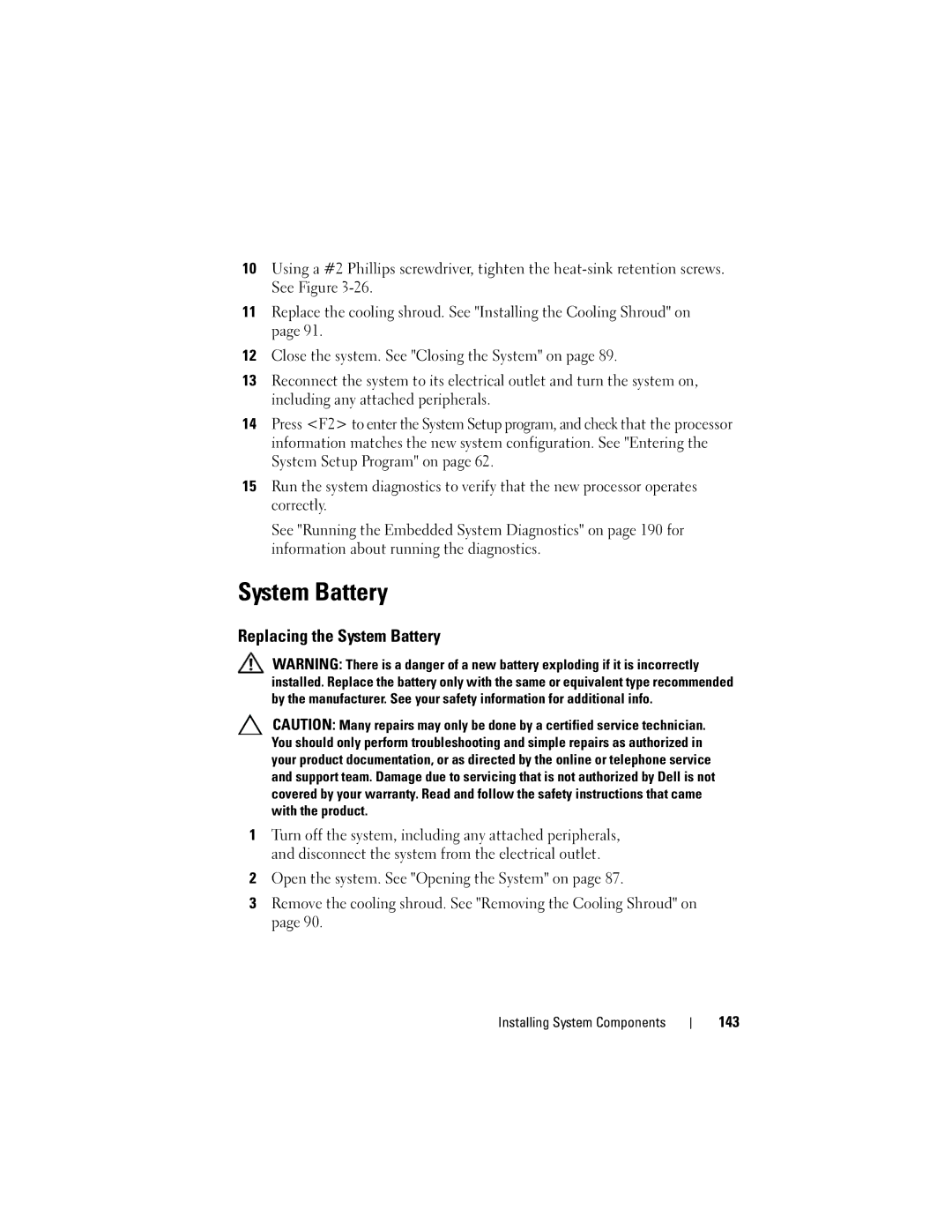 Dell R510 owner manual Replacing the System Battery, 143 