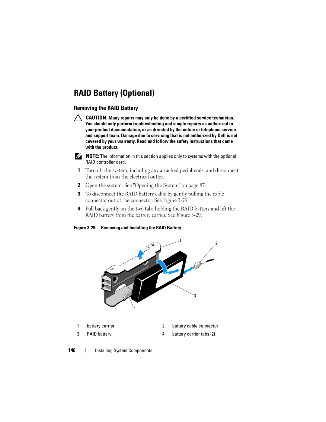 Dell R510 owner manual RAID Battery Optional, Removing the RAID Battery, 146, RAID battery 