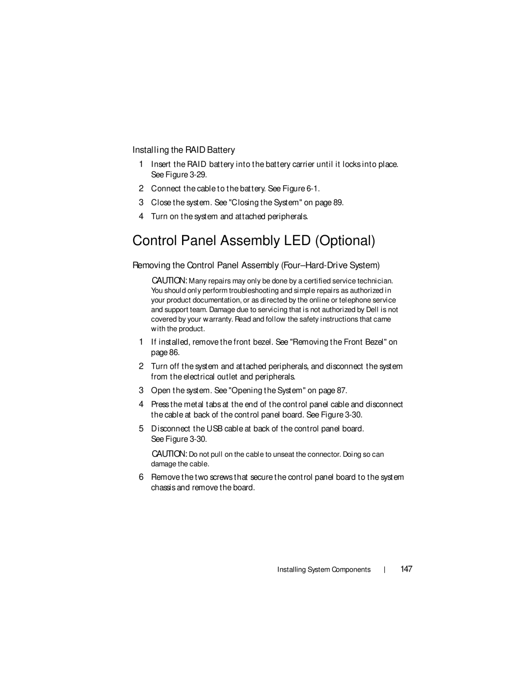 Dell R510 owner manual Control Panel Assembly-LED Optional, Installing the RAID Battery, 147 