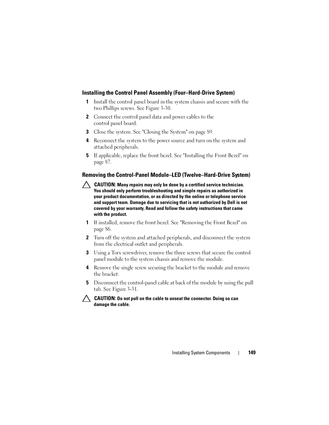 Dell R510 owner manual Installing the Control Panel Assembly Four-Hard-Drive System, 149 