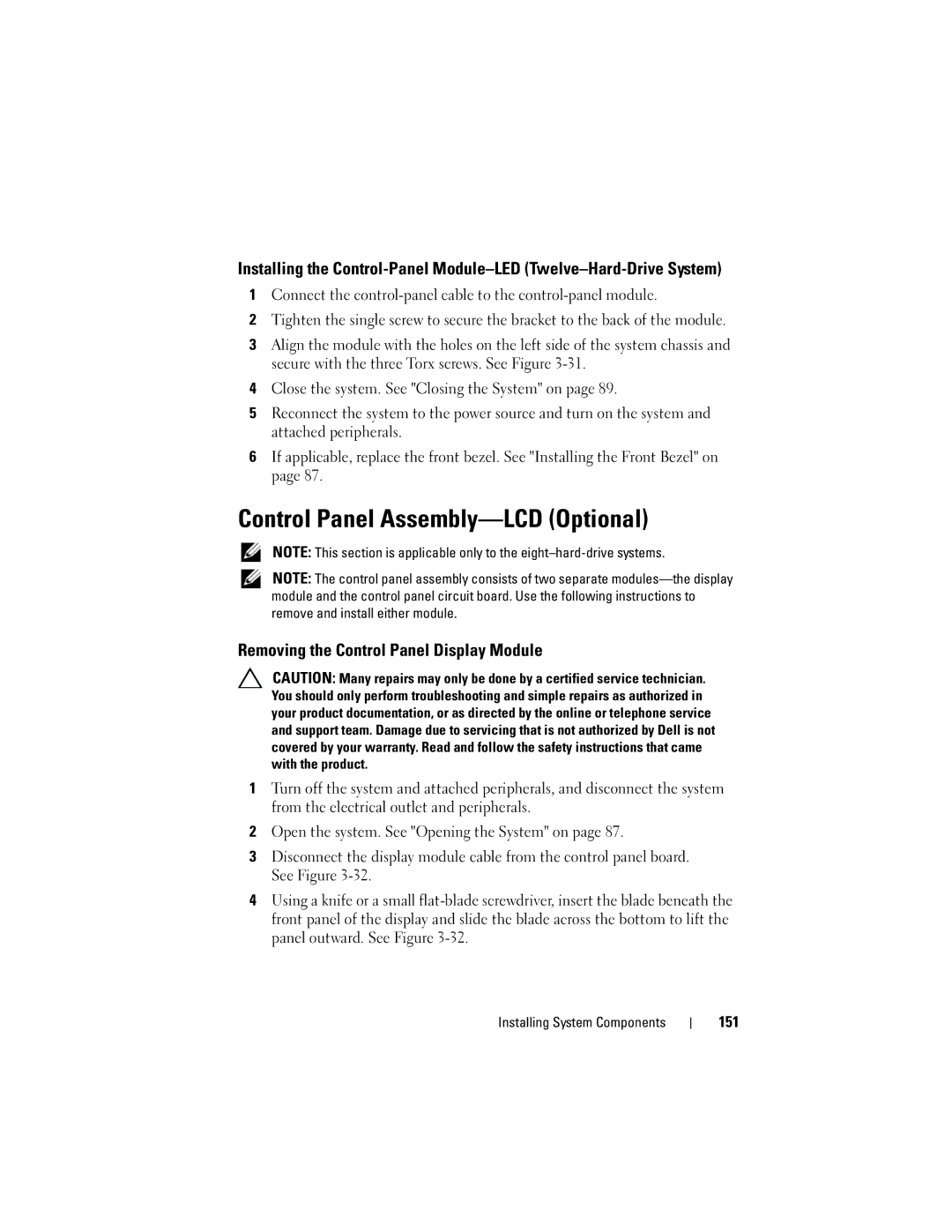 Dell R510 owner manual Control Panel Assembly-LCD Optional, Removing the Control Panel Display Module, 151 