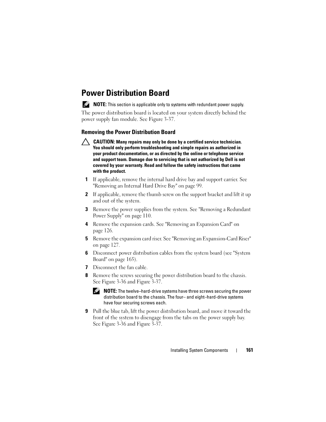 Dell R510 owner manual Removing the Power Distribution Board, 161 