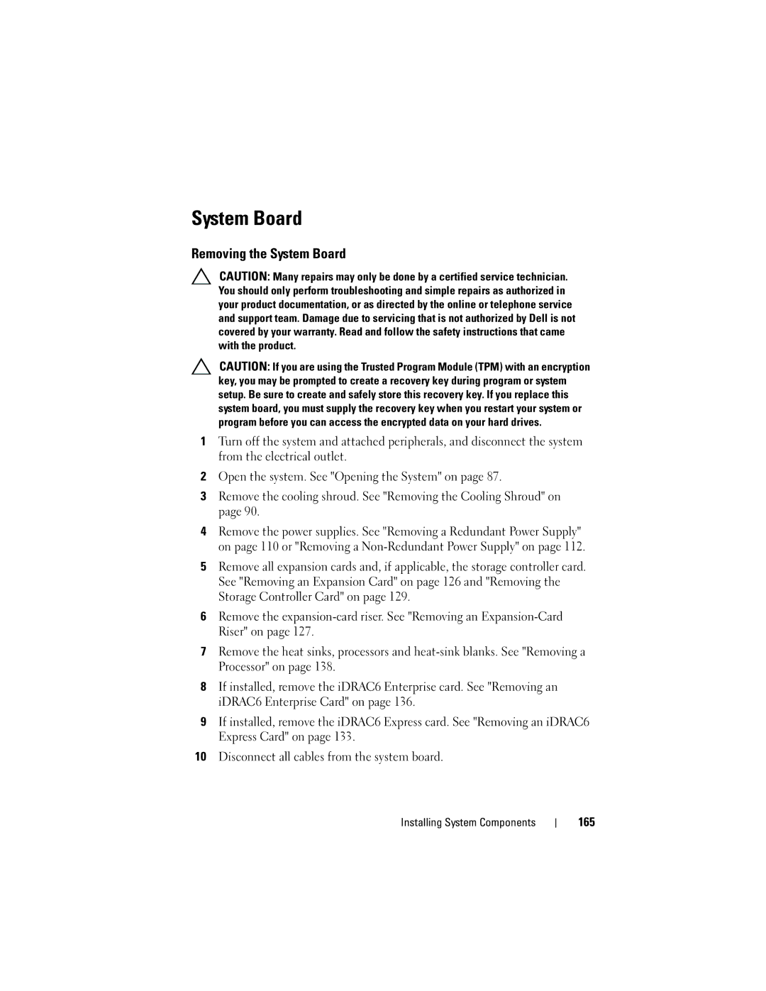 Dell R510 owner manual Removing the System Board, 165 