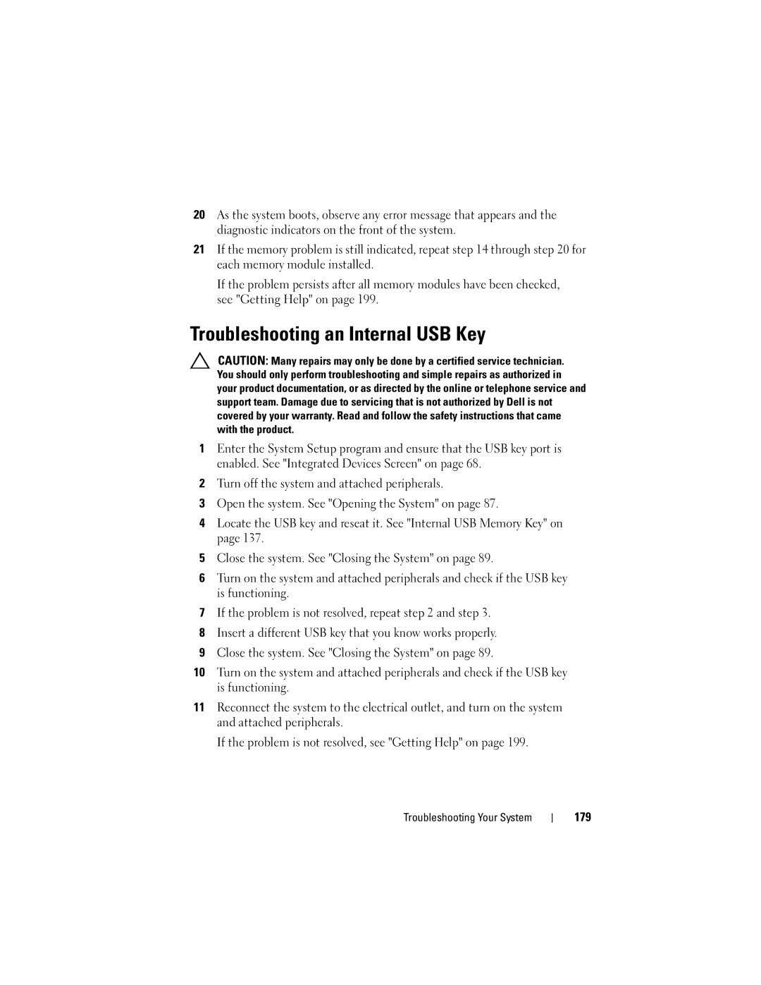 Dell R510 owner manual Troubleshooting an Internal USB Key, 179 