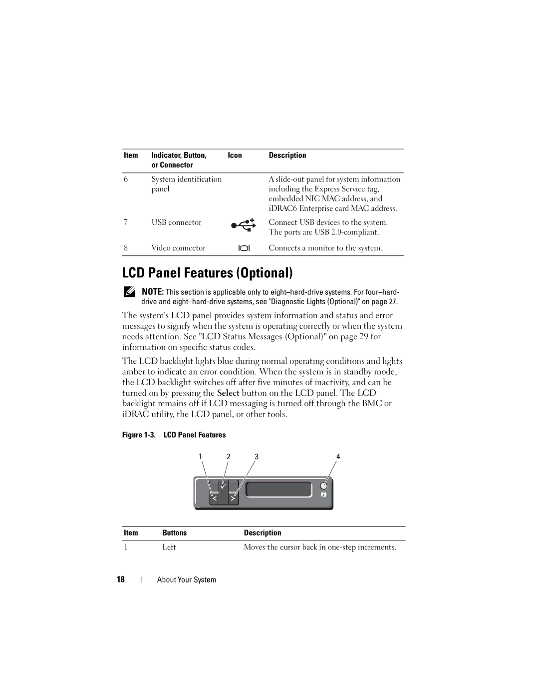 Dell R510 owner manual LCD Panel Features Optional, LCD Panel Features Buttons Description Left 