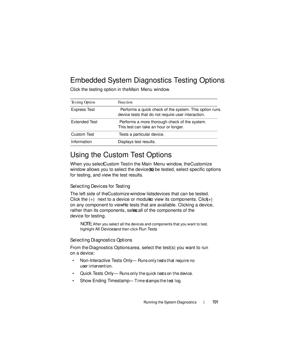 Dell R510 Embedded System Diagnostics Testing Options, Using the Custom Test Options, Selecting Devices for Testing 