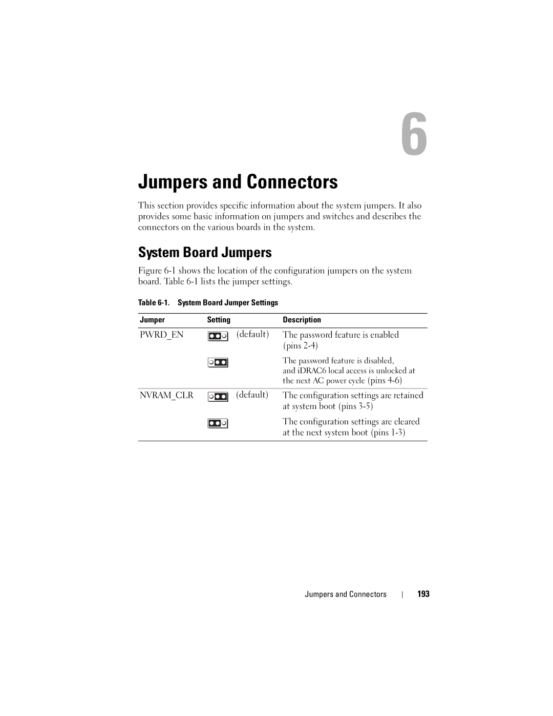 Dell R510 System Board Jumpers, Default The password feature is enabled pins, 193, System Board Jumper Settings 