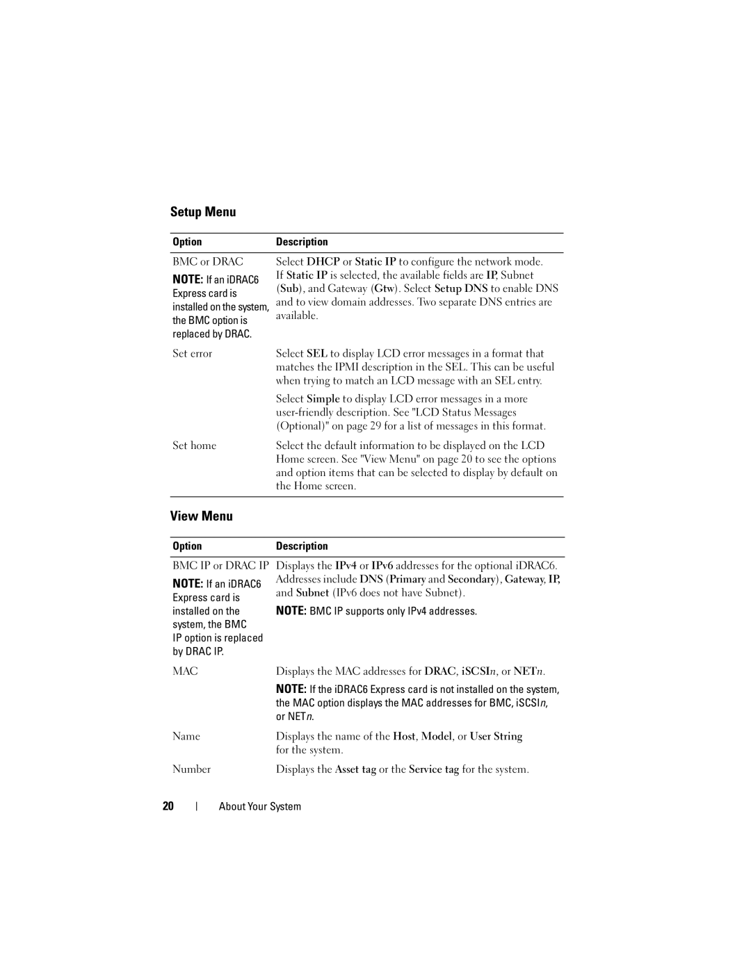 Dell R510 owner manual Setup Menu, View Menu 