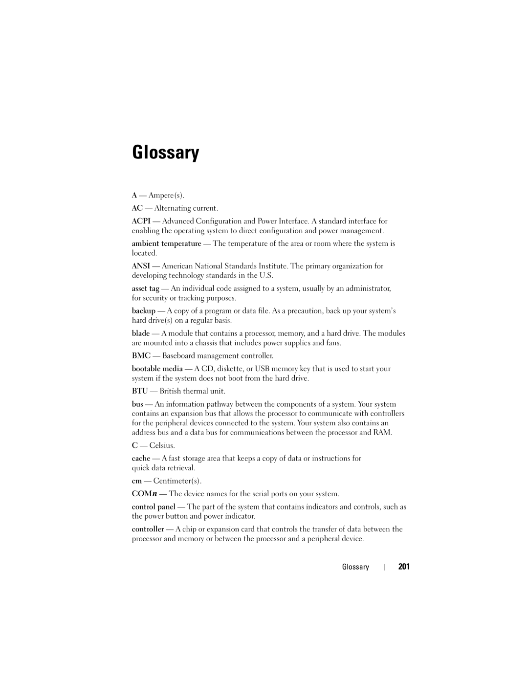 Dell R510 owner manual 201, Amperes AC Alternating current, Glossary 