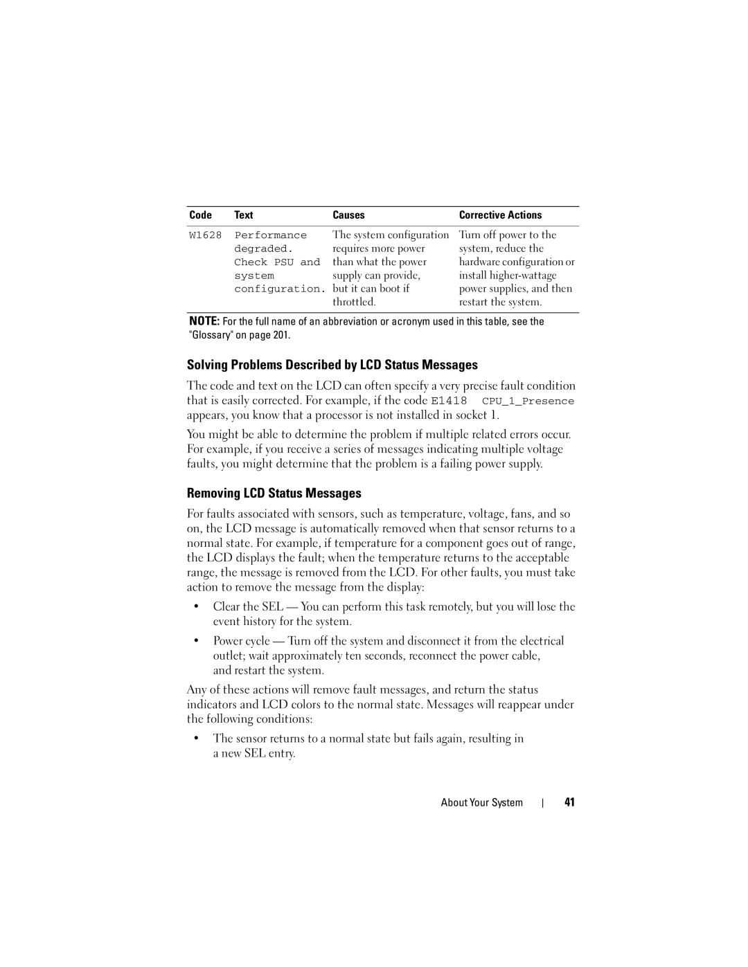 Dell R510 Solving Problems Described by LCD Status Messages, Removing LCD Status Messages, W1628 Performance, Degraded 