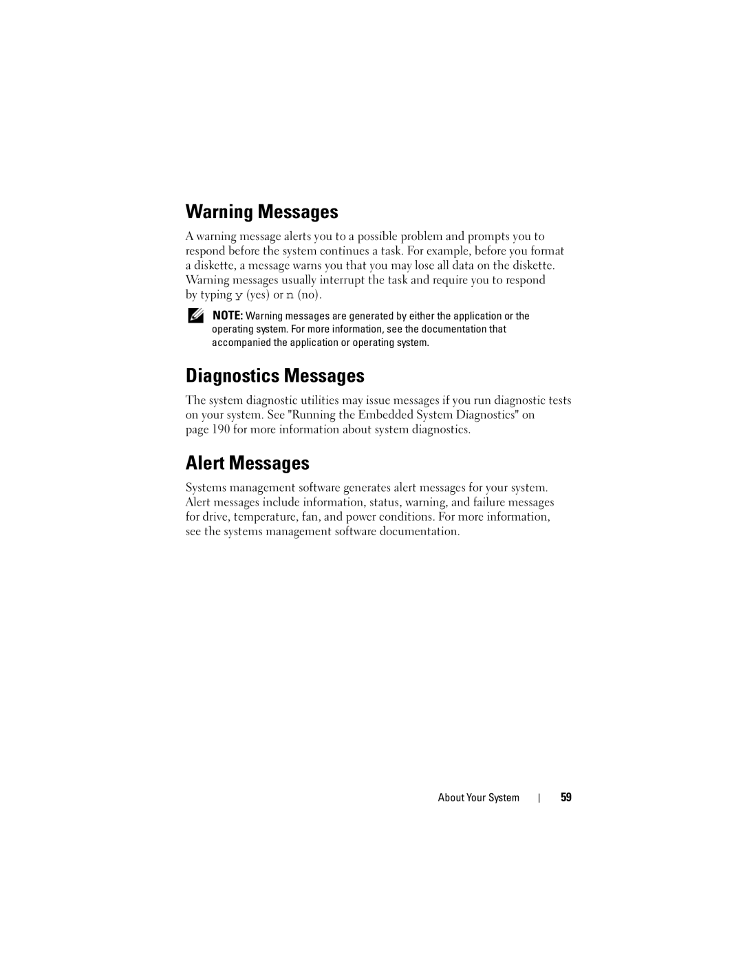 Dell R510 owner manual Diagnostics Messages, Alert Messages 