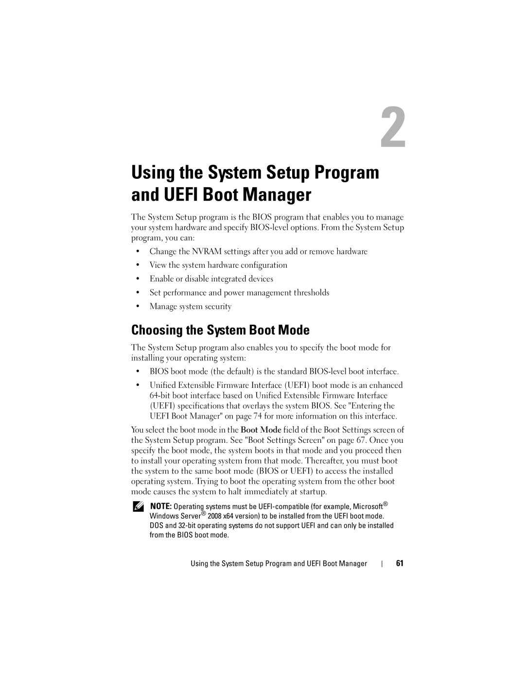 Dell R510 owner manual Using the System Setup Program and Uefi Boot Manager, Choosing the System Boot Mode 