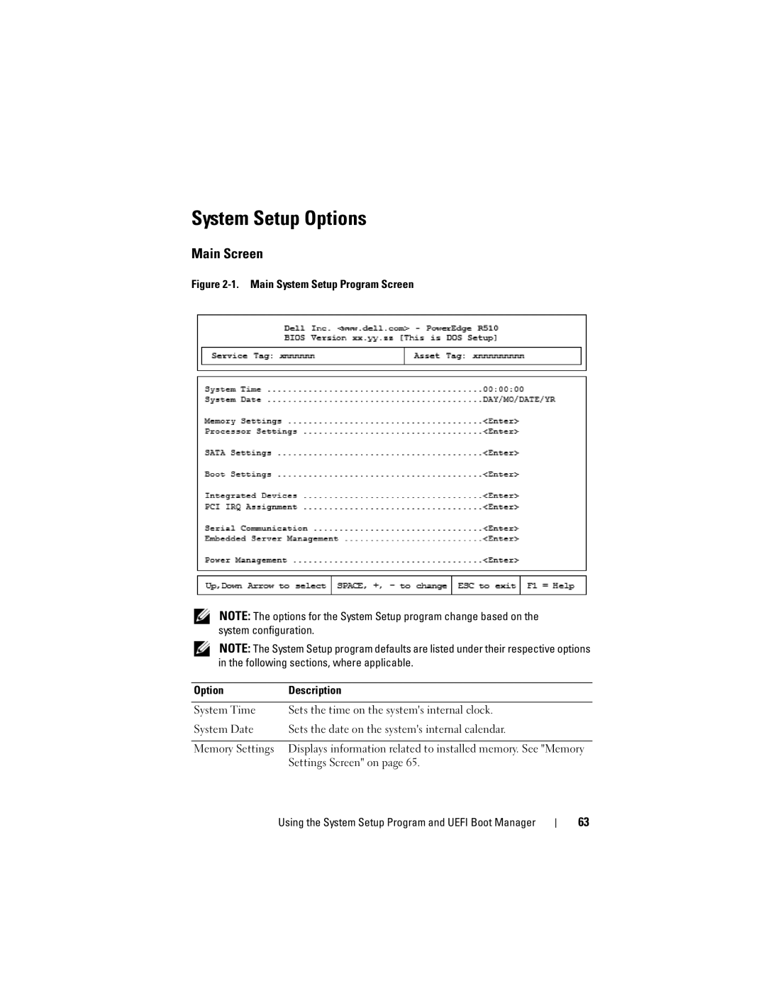 Dell R510 owner manual System Setup Options, Main Screen, Settings Screen on 