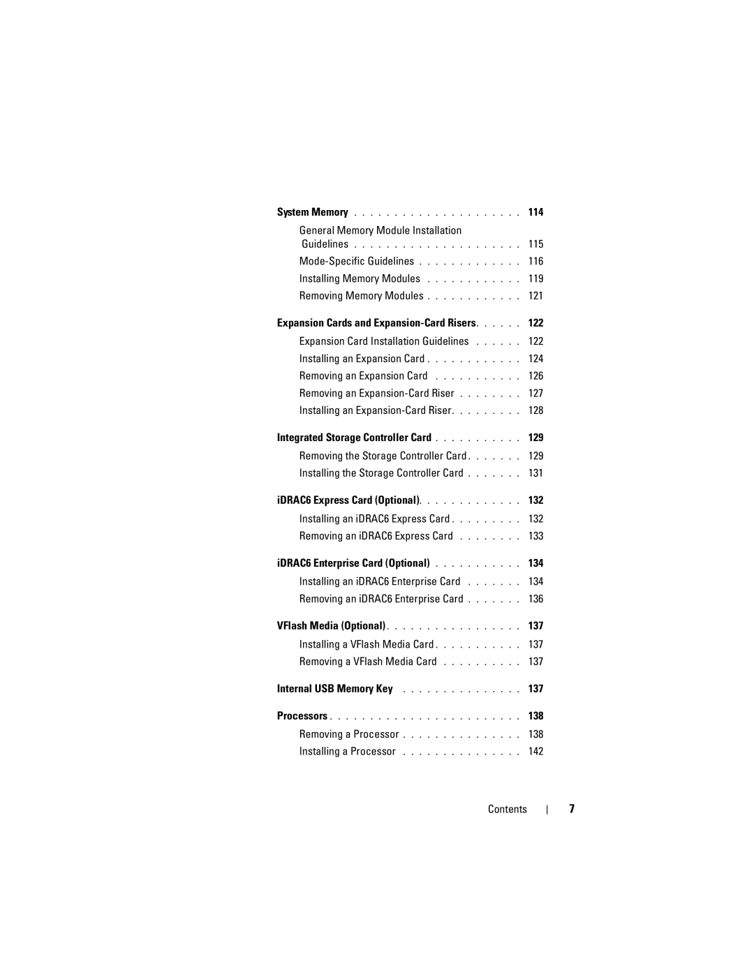 Dell R510 owner manual 114, General Memory Module Installation, 115, 122, 137, 138, 142 