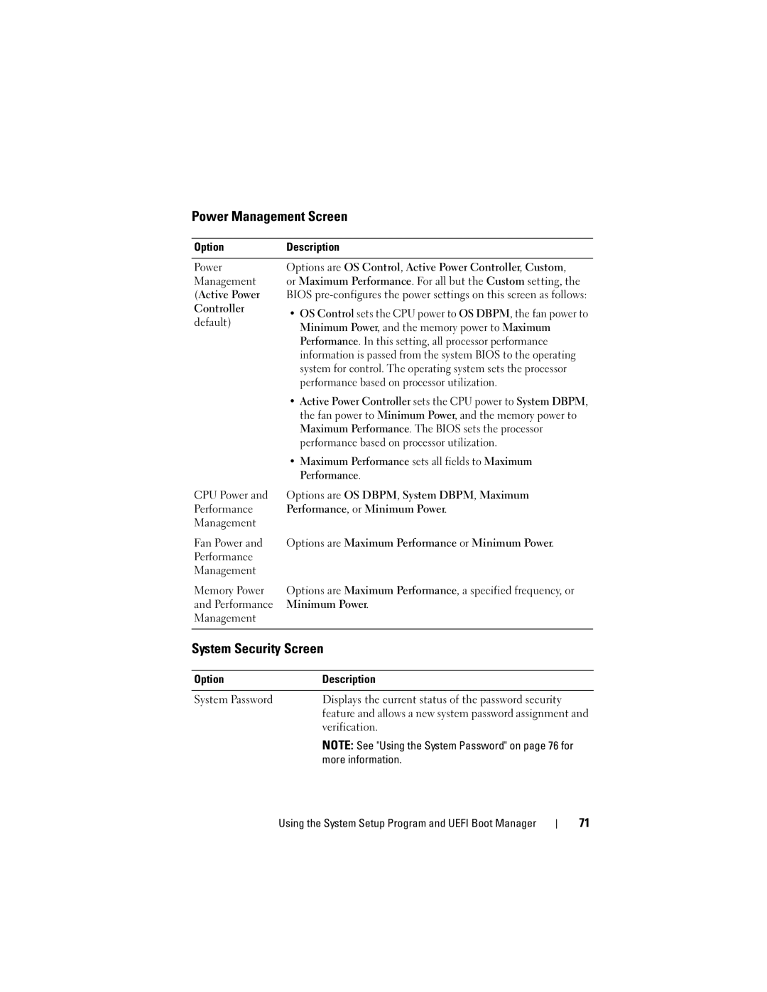 Dell R510 owner manual Power Management Screen, System Security Screen 