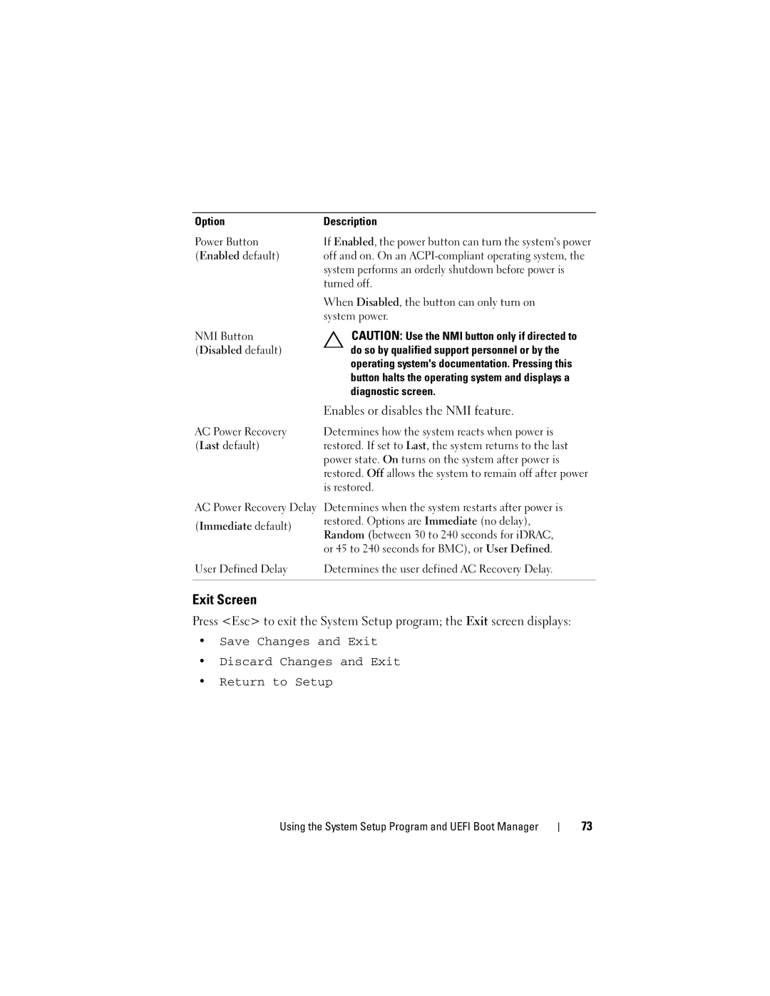 Dell R510 owner manual Exit Screen, Enables or disables the NMI feature 