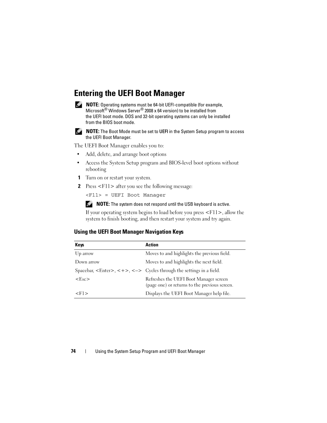 Dell R510 owner manual Entering the Uefi Boot Manager, Using the Uefi Boot Manager Navigation Keys 