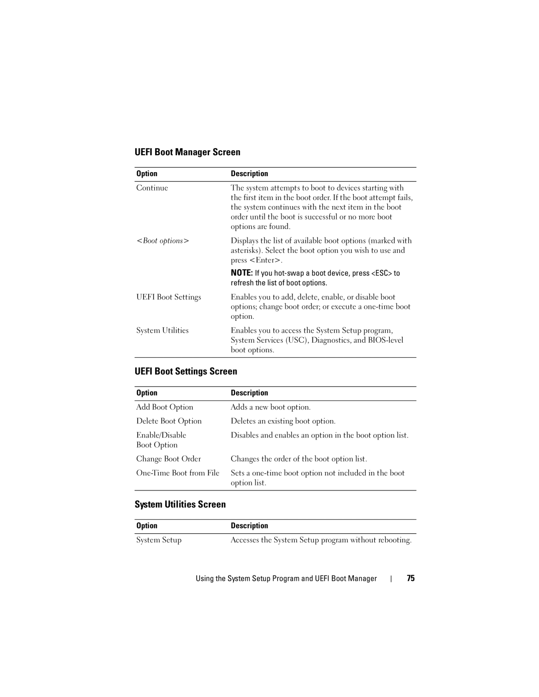 Dell R510 owner manual Uefi Boot Manager Screen, Uefi Boot Settings Screen, System Utilities Screen 