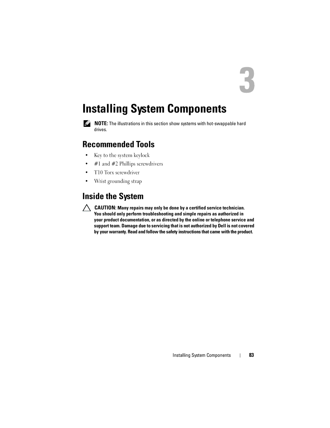 Dell R510 owner manual Recommended Tools, Inside the System, Installing System Components 