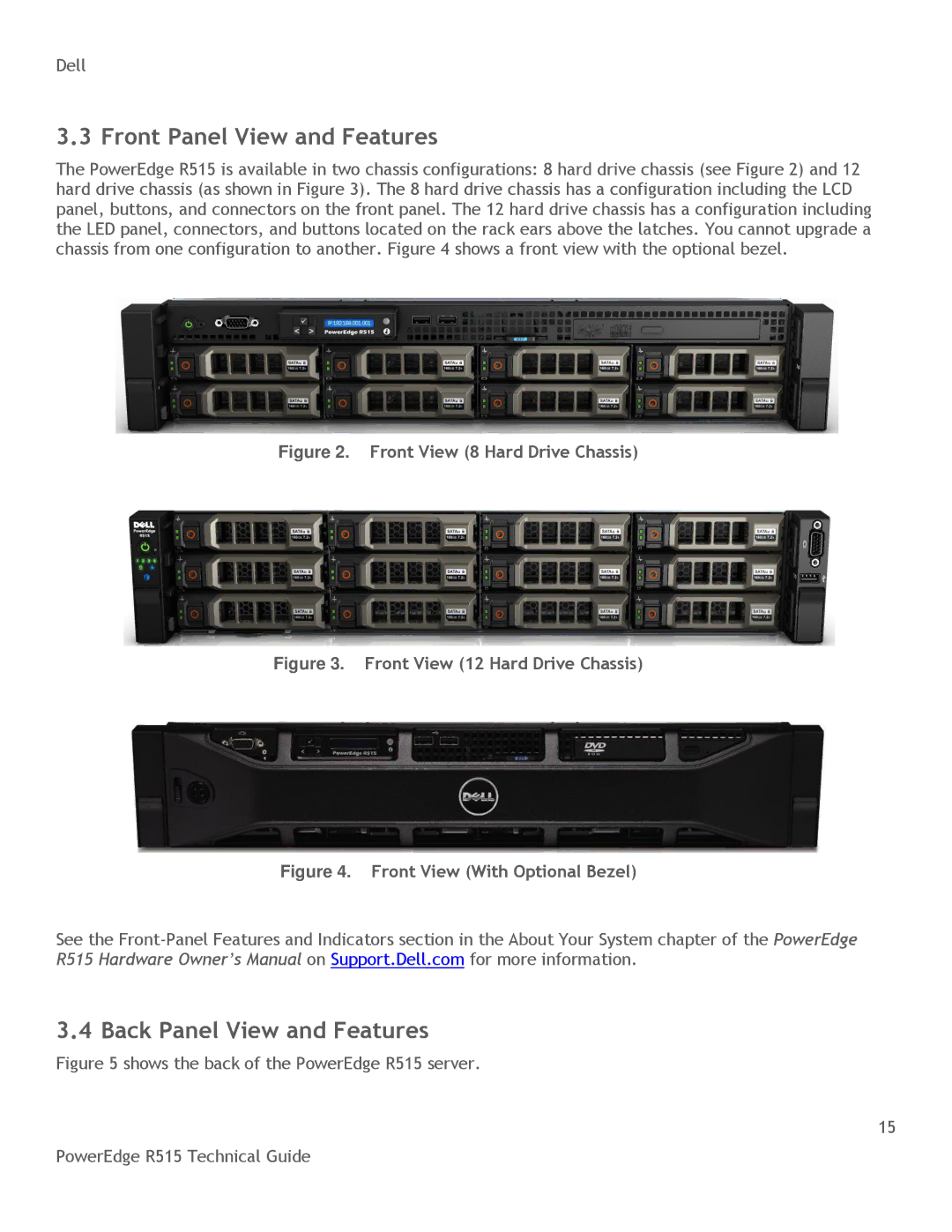 Dell R515 manual Front Panel View and Features, Back Panel View and Features 