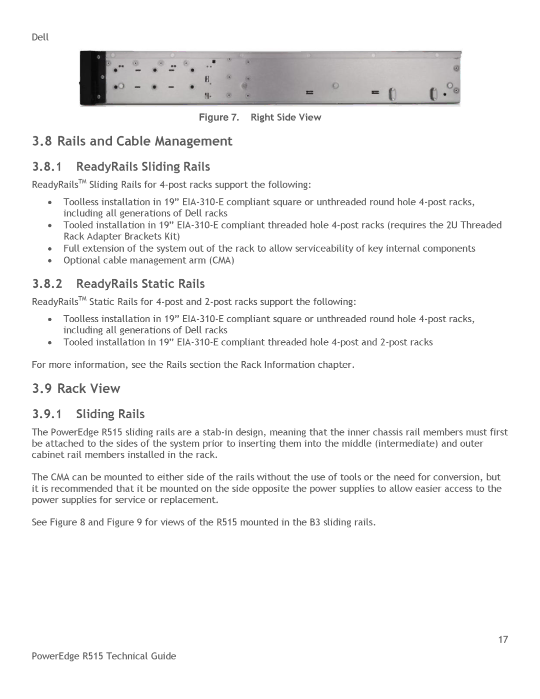 Dell R515 manual Rails and Cable Management, Rack View, ReadyRails Sliding Rails, ReadyRails Static Rails 