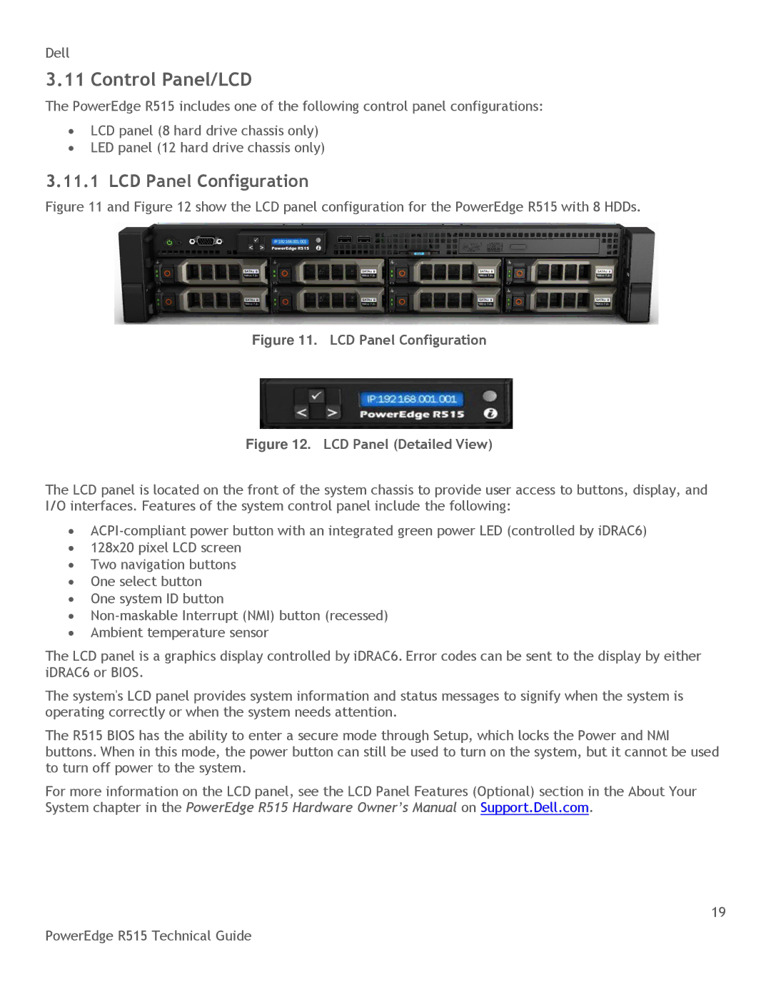 Dell R515 manual Control Panel/LCD, LCD Panel Configuration 