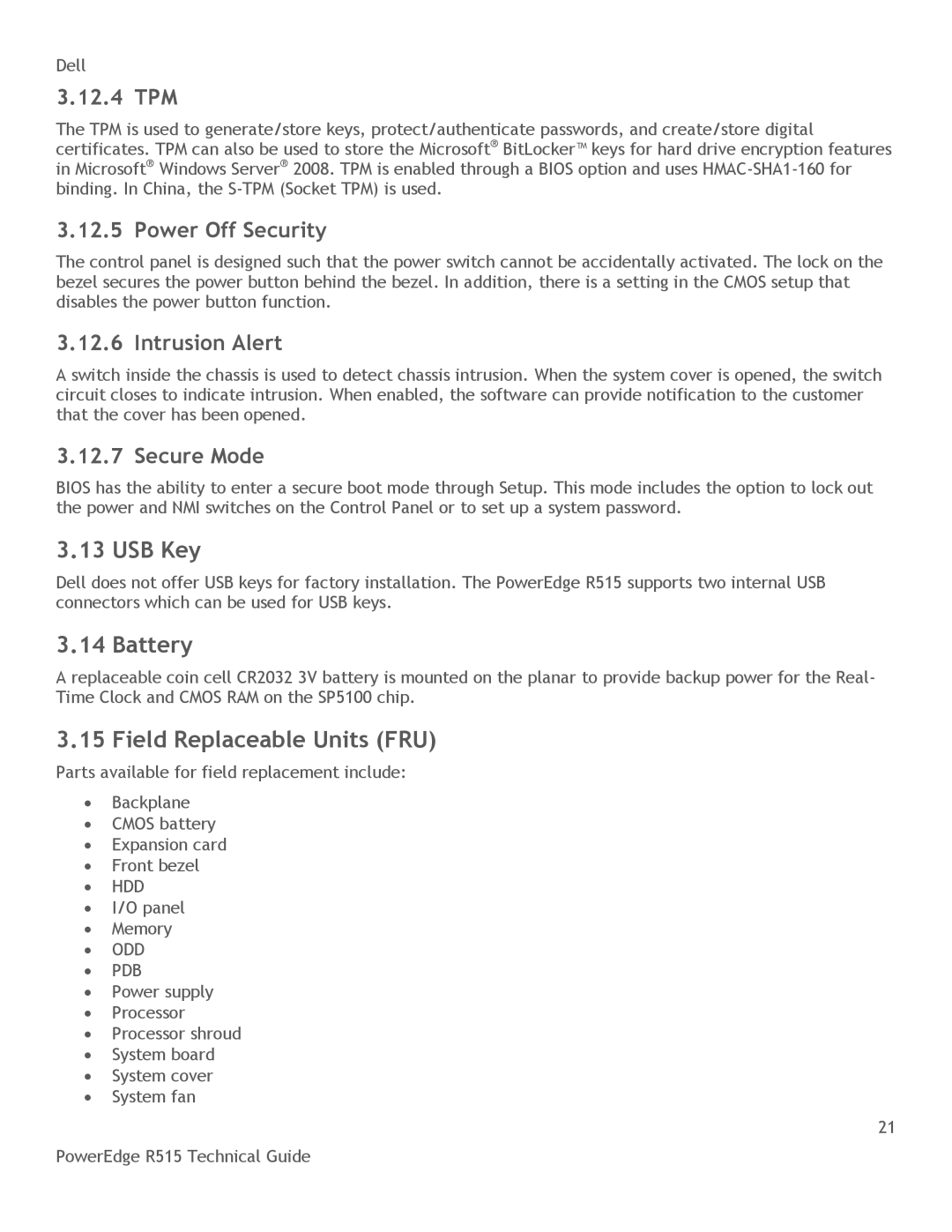 Dell R515 manual USB Key, Battery, Field Replaceable Units FRU 