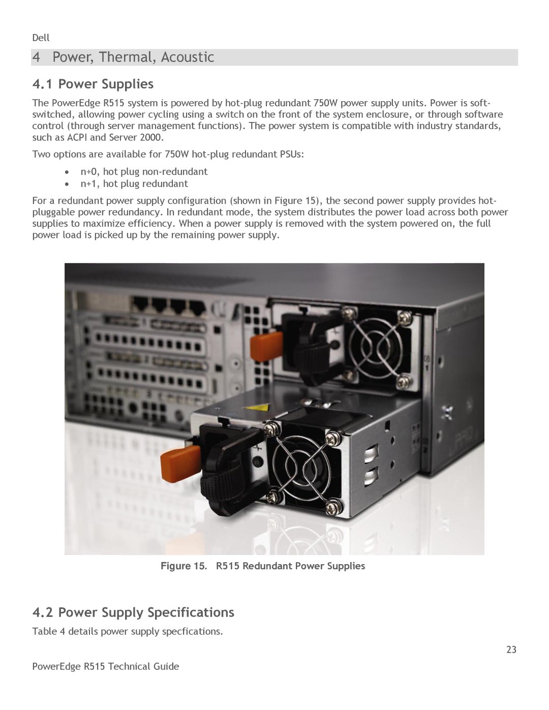 Dell R515 manual Power, Thermal, Acoustic, Power Supplies, Power Supply Specifications 