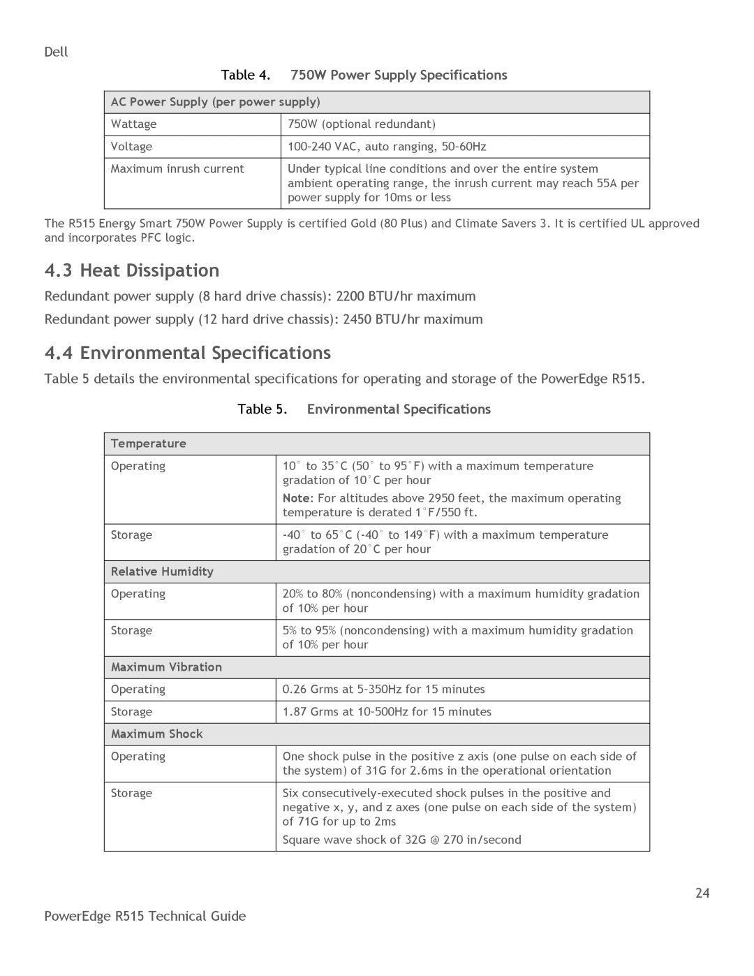 Dell R515 manual Heat Dissipation, Environmental Specifications, 750W Power Supply Specifications 