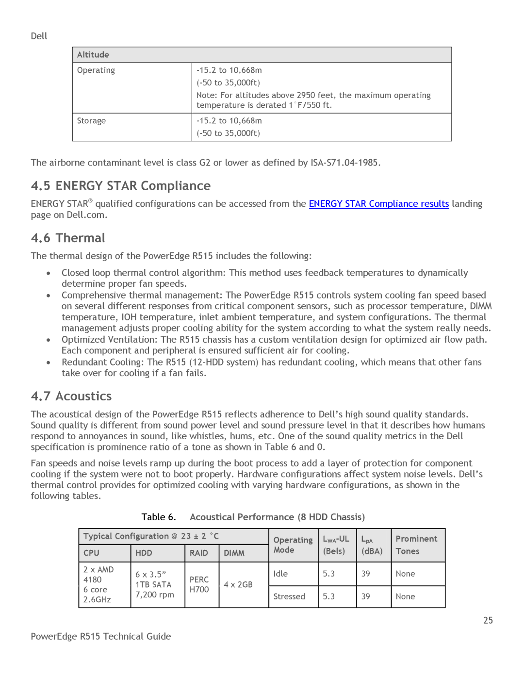 Dell R515 manual Energy Star Compliance, Thermal, Acoustics, Acoustical Performance 8 HDD Chassis 