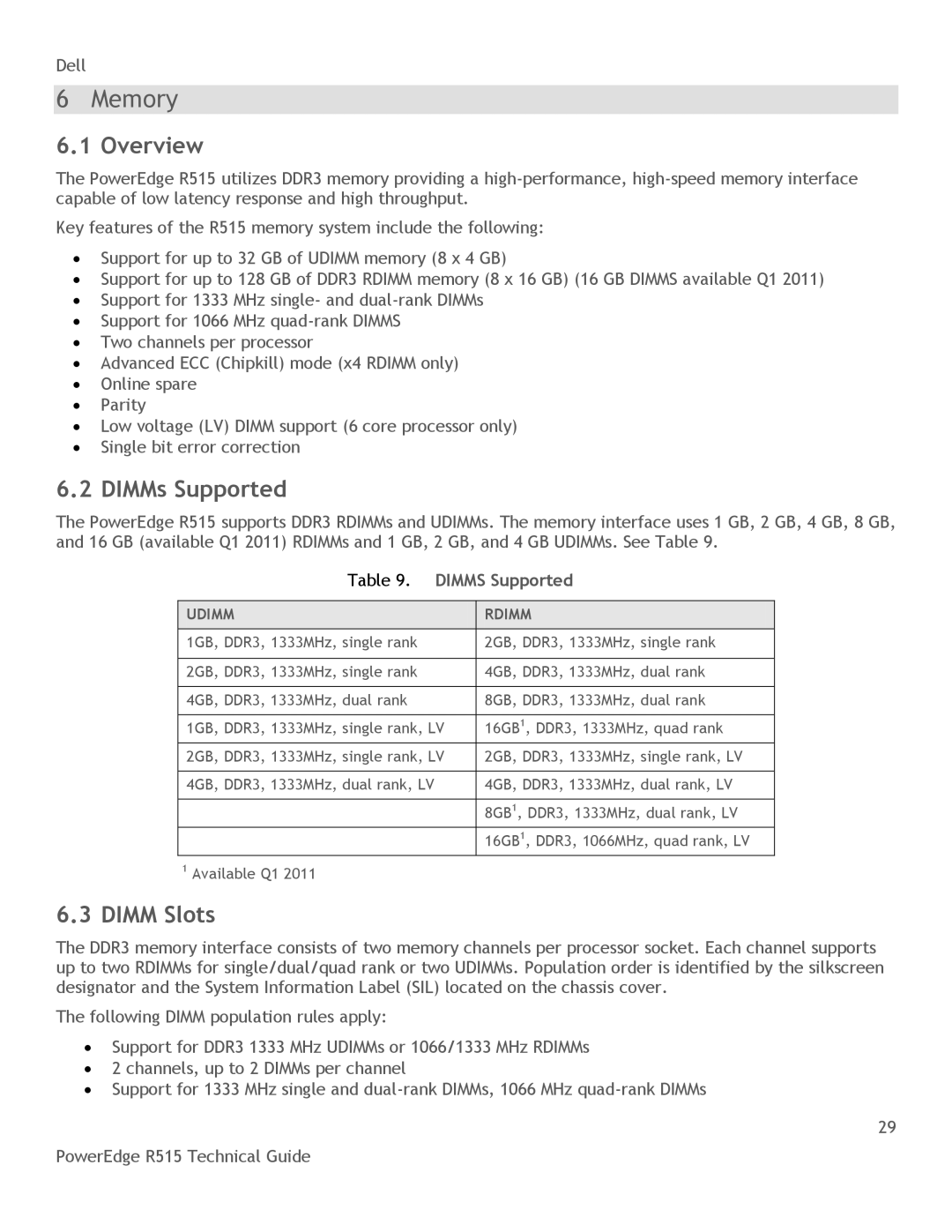 Dell R515 manual Memory, DIMMs Supported, Dimm Slots, Dimms Supported, Udimm Rdimm 