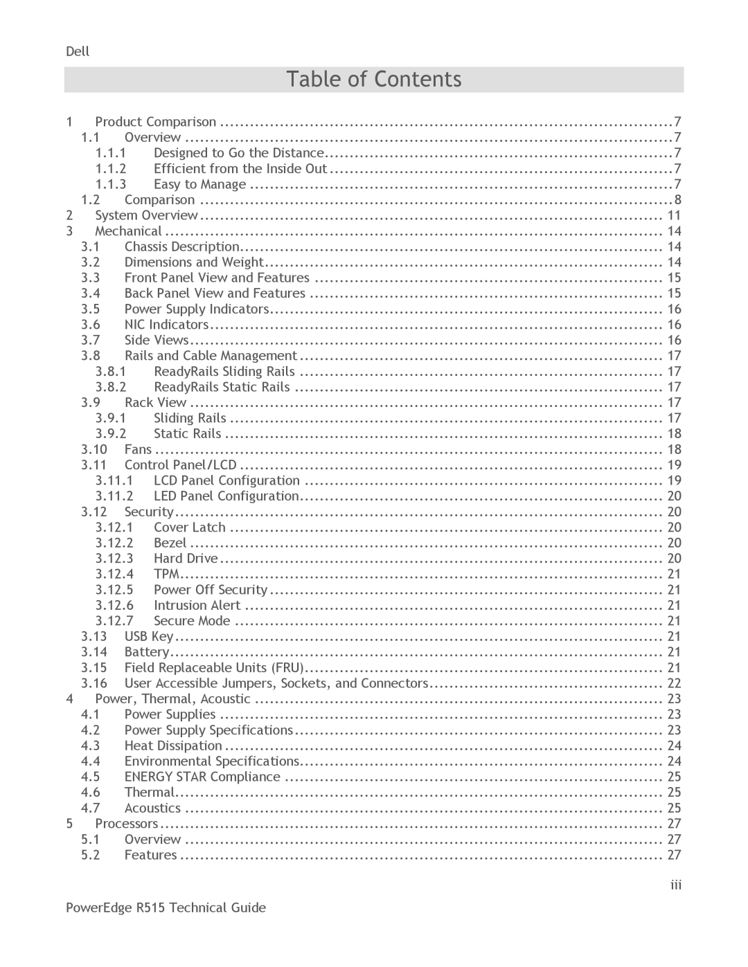 Dell R515 manual Table of Contents 