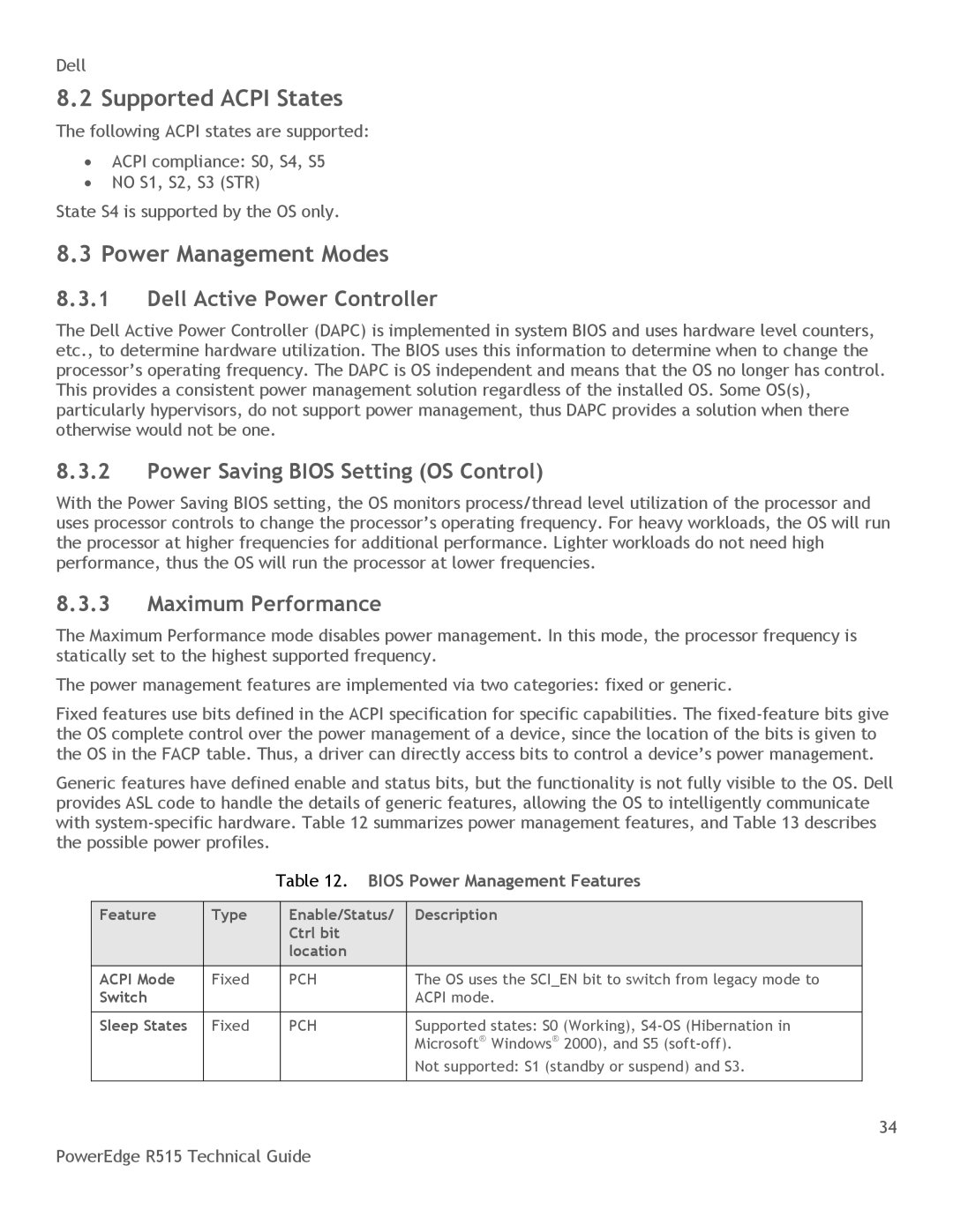 Dell R515 manual Supported Acpi States, Power Management Modes, Dell Active Power Controller, Maximum Performance 