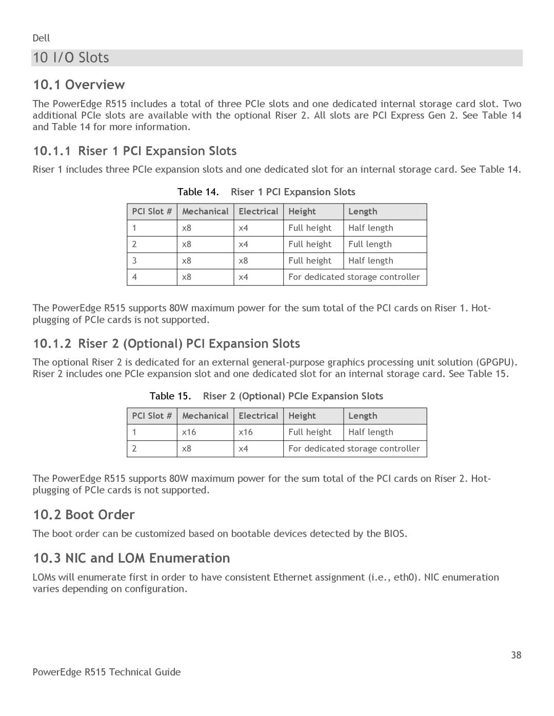 Dell R515 manual 10 I/O Slots, Boot Order, NIC and LOM Enumeration, Riser 1 PCI Expansion Slots 