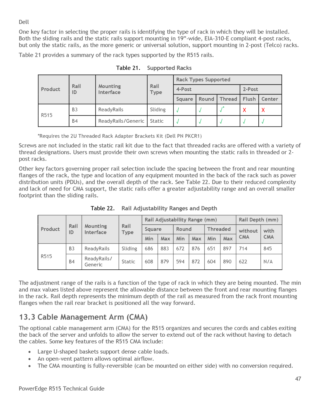 Dell R515 manual Cable Management Arm CMA, Rail Adjustability Ranges and Depth, Cma 