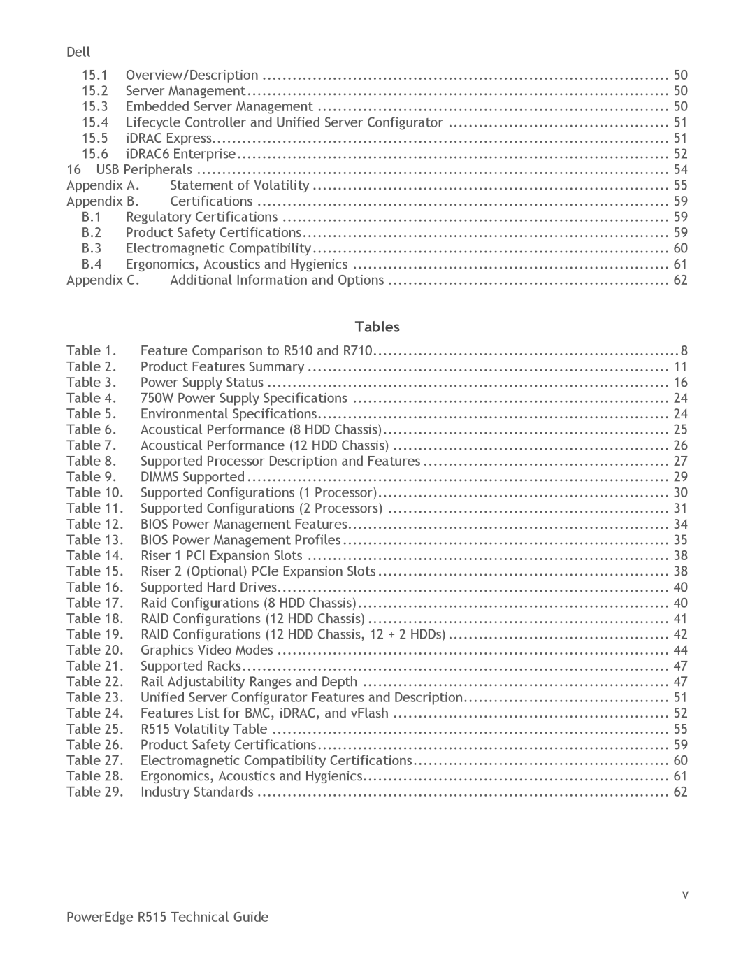 Dell R515 manual Tables 