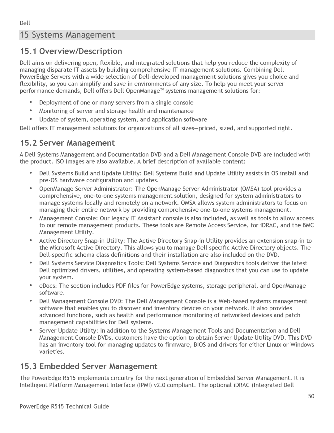 Dell R515 manual Systems Management, Overview/Description, Embedded Server Management 