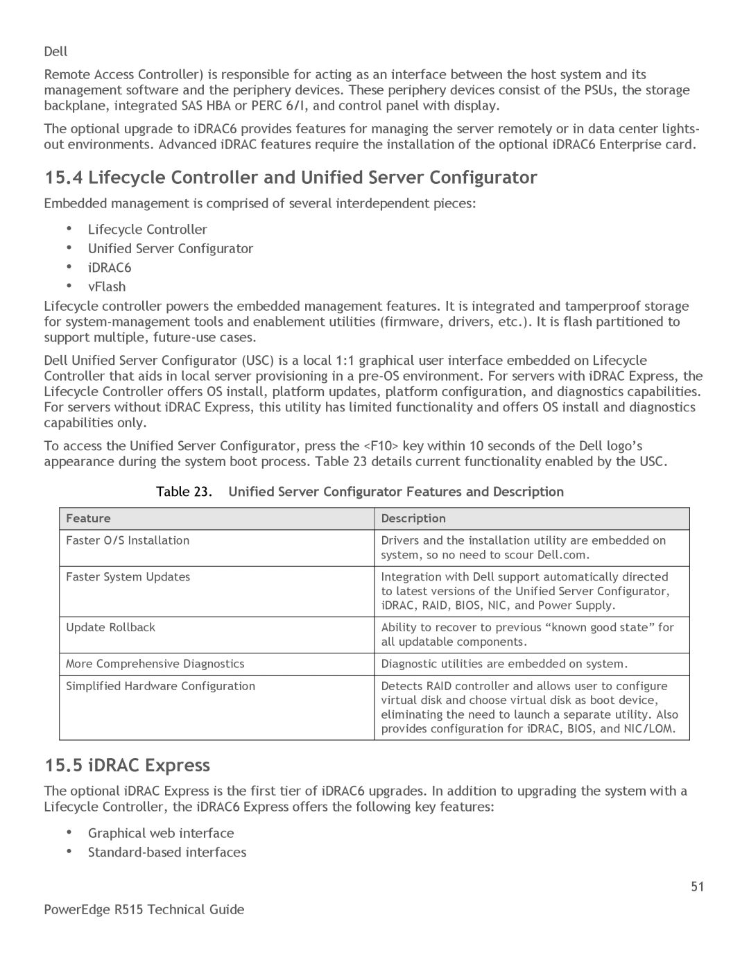 Dell R515 manual Lifecycle Controller and Unified Server Configurator, IDRAC Express, Feature Description 